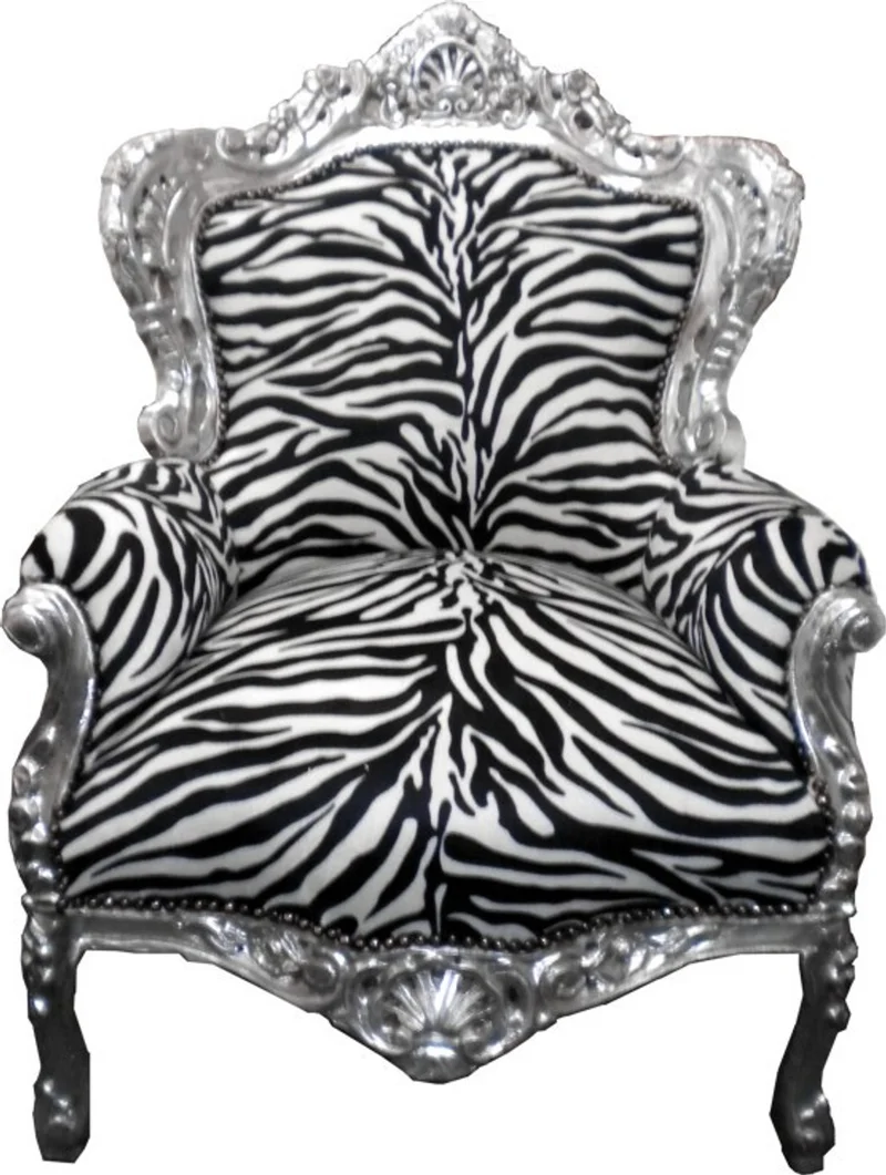 Casa Padrino Barock Sessel King Zebra / Silber - Handgefertigter Sessel aus Massivholz, 120 x 85 x 85 cm