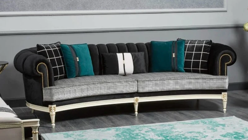 Casa Padrino Luxus Barock Sofa Schwarz / Grau / Weiß / Gold 290 cm - Barock Wohnzimmer Möbel