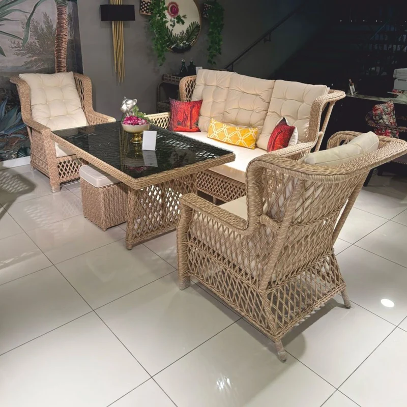 Casa Padrino Luxus Rattan Garten Esstisch mit Glasplatte Naturfarben / Grau 200 cm