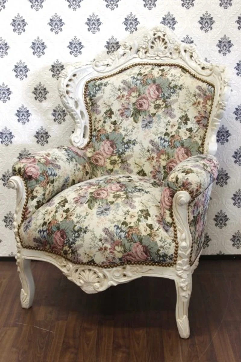 Casa Padrino Barock Sessel King im Blumenmuster Creme, 85 x 85 x H. 120 cm, Limited Edition