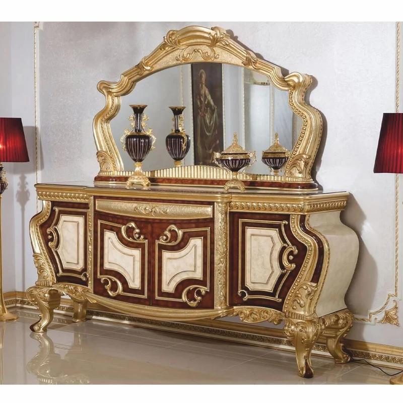 Casa Padrino Luxus Barock Sideboard mit Spiegel Weiß / Braun / Gold - Barockstil Möbel