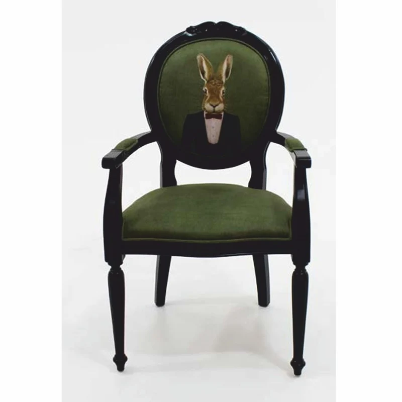 Casa Padrino Luxus Barock Samt Esszimmer Stuhl mit Armlehnen Gentleman Hase Grün / Schwarz