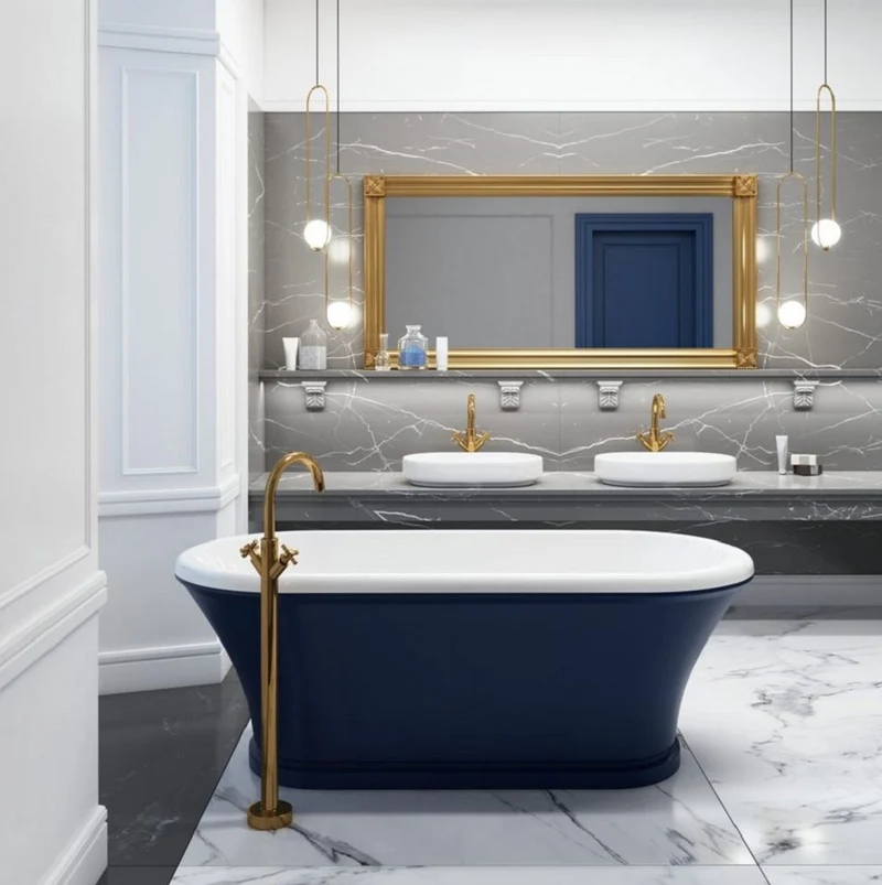 Casa Padrino Jugendstil Badewanne mit Standarmatur Blau / Weiß / Messing 170 cm