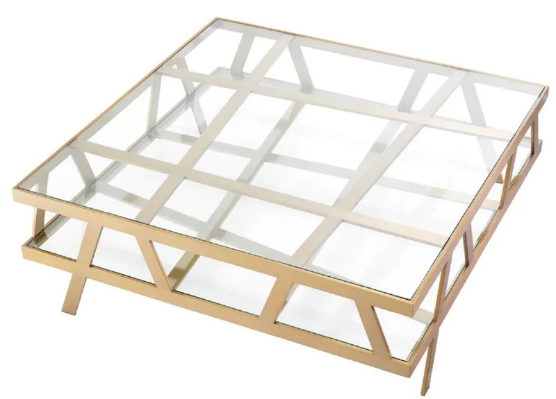 Casa Padrino Luxus Couchtisch Messing 110 x 110 x H. 37 cm - Quadratischer Edelstahl Wohnzimmertisch mit Glasplatten - Wohnzimmer Möbel - Hotel Möbel - Luxus Möbel - Luxus Qualität