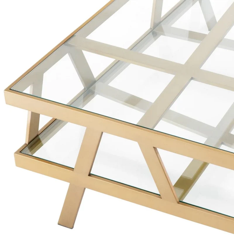 Casa Padrino Luxus Couchtisch Messing 110 x 110 x H. 37 cm - Quadratischer Edelstahl Wohnzimmertisch mit Glasplatten - Wohnzimmer Möbel - Hotel Möbel - Luxus Möbel - Luxus Qualität