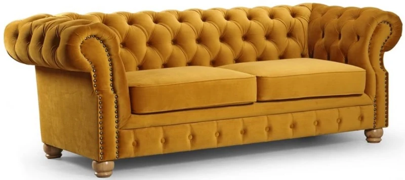 Casa Padrino Luxus Chesterfield 3er Sofa Ocker / Hellbraun 217 x 93 x H. 77 cm - Chesterfield Wohnzimmer Sofa - Chesterfield Wohnzimmer Möbel