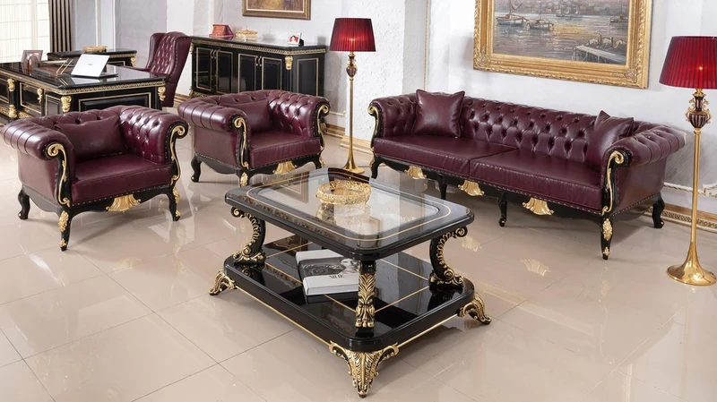 Casa Padrino Luxus Barock Chesterfield Sessel Bordeauxrot / Schwarz / Gold - Prunkvoller Wohnzimmer Sessel mit edlem Kunstleder - Barock Chesterfield Wohnzimmer Möbel