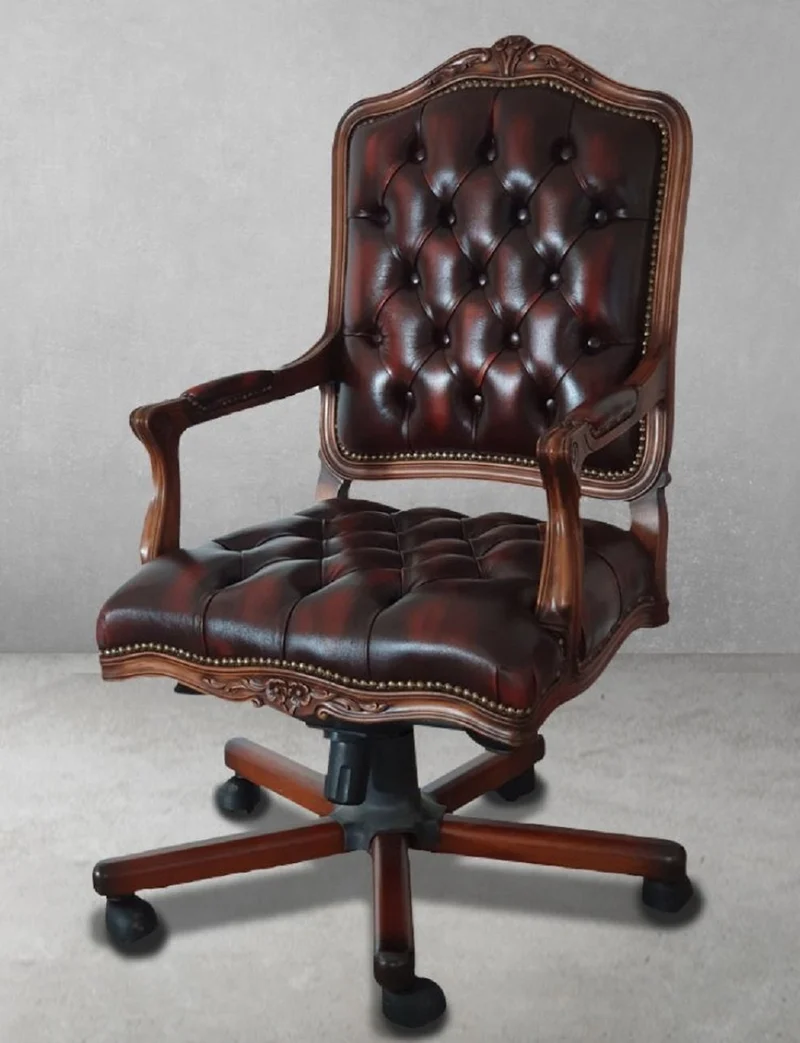 Casa Padrino Luxus Barock Chesterfield Leder Schreibtischstuhl Weinrot / Braun / Schwarz - Höhenverstellbarer Barock Bürostuhl mit hochwertigem Echtleder - Barock Büro Möbel
