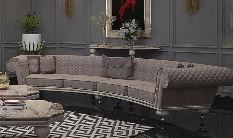 Casa Padrino Luxus Art Deco Sofa Grau / Gold - Gebogenes Wohnzimmer Sofa - Hotel Sofa - Luxus Art Deco Wohnzimmer & Hotel Möbel - Luxus Qualität
