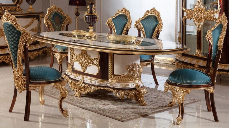 Casa Padrino Luxus Barock Esszimmerstuhl Set Blau / Braun / Gold - Handgefertigtes Küchen Stühle 6er Set mit elegantem Muster - Barock Esszimmer Möbel - Edel & Prunkvoll