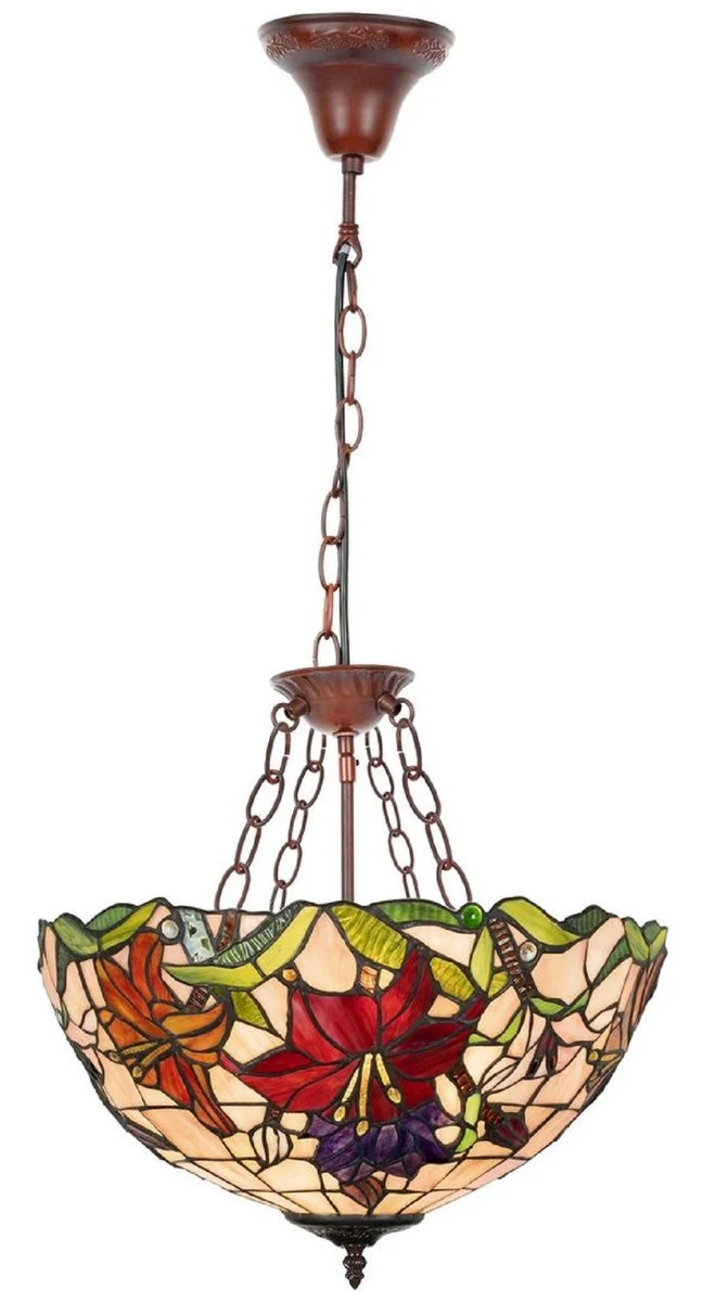 Casa Padrino Luxus Tiffany Hängeleuchte Mehrfarbig / Braun Ø 40 x H. 85 cm - Art Deco Tiffany Hängelampe - Wohnzimmer Hängeleuchte - Deko Hängeleuchte - Luxus Tiffany Leuchten - Art Deco Leuchten