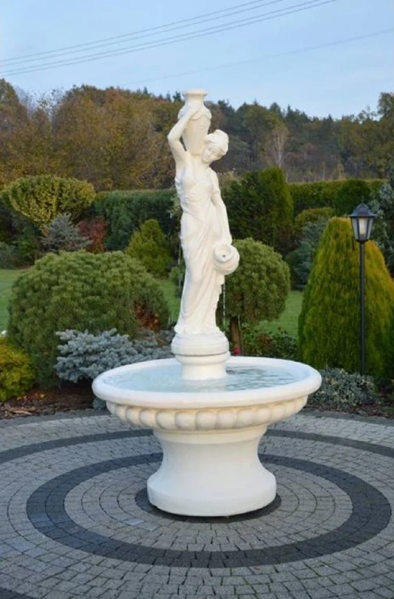 Casa Padrino Barock Springbrunnen Dame Weiß Ø 120 x H. 206 cm - Prunkvoller Gartenbrunnen im Barockstil - Runder Gartendeko Stein Brunnen - Barock Garten Deko Accessoires