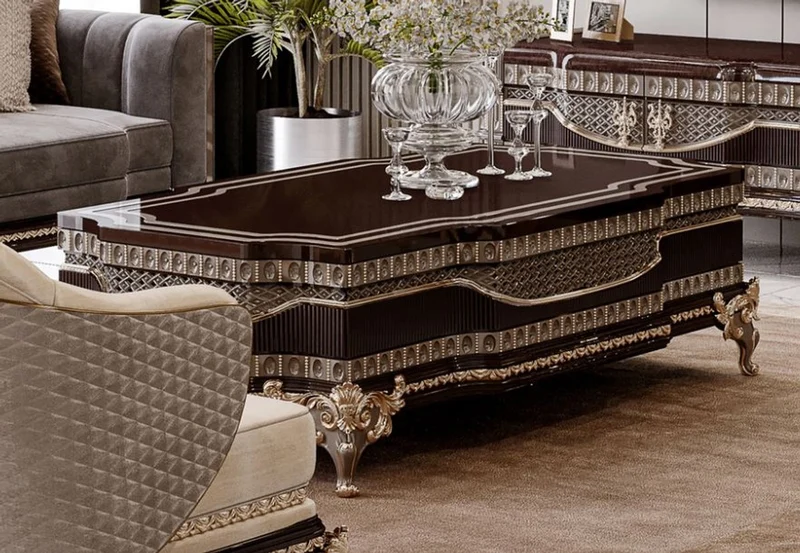 Casa Padrino Luxus Barock Couchtisch Dunkelbraun / Grau / Gold 156 cm