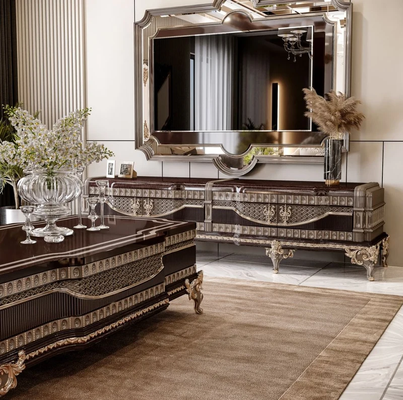 Casa Padrino Luxus Barock Couchtisch Dunkelbraun / Grau / Gold 156 cm