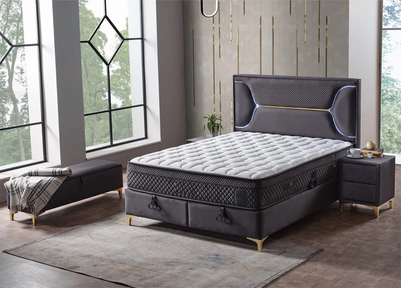 Casa Padrino Luxus Doppelbett Lila / Weiß / Gold 180 x 200 cm - Massivholz Bett mit LED Beleuchtung und Matratze - Schlafzimmer Möbel - Hotel Möbel - Luxus Möbel - Luxus Einrichtung