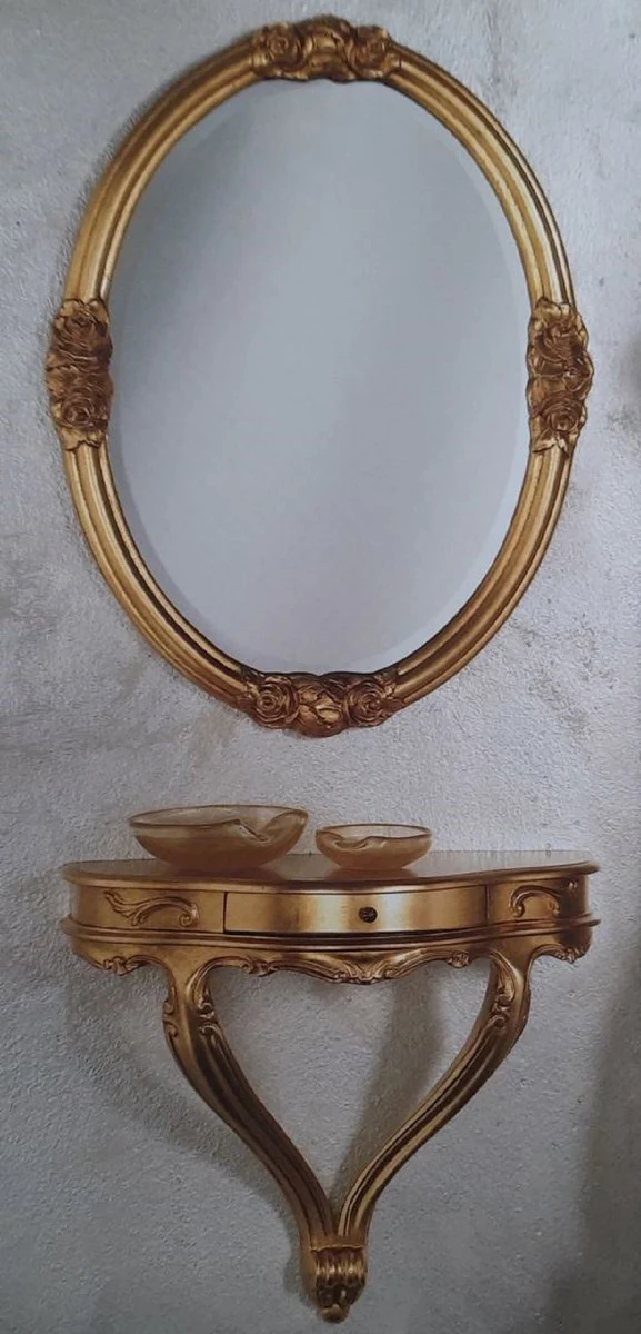 Casa Padrino Luxus Barock Möbel Set Gold - 1 Barock Wandkonsole mit Schublade & 1 Ovaler Barock Wandspiegel - Barock Hotel & Schloß Möbel - Luxus Qualität - Made in Italy