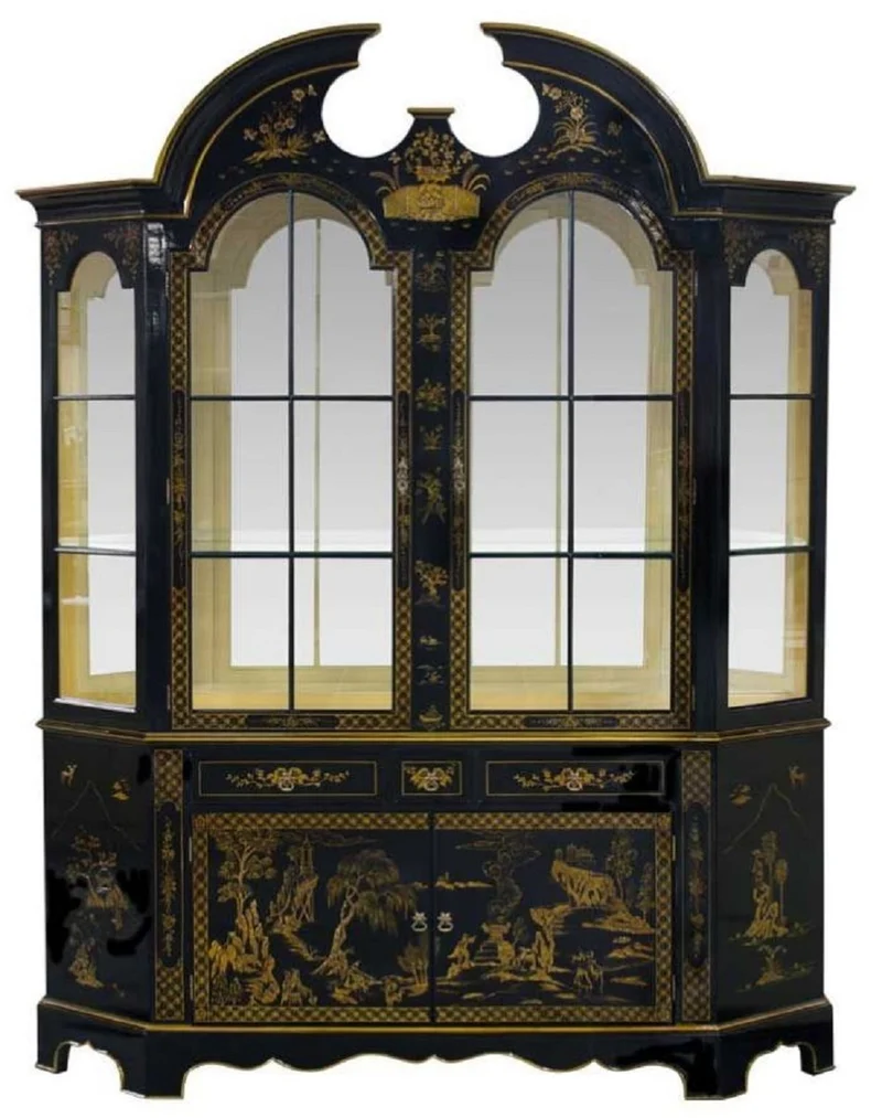Casa Padrino Luxus Barock Vitrine im chinesischen Stil Schwarz / Gold - Handgefertigter Barock Vitrinenschrank mit 4 Türen und 3 Schubladen - Barock Möbel - Edel & Prunkvoll