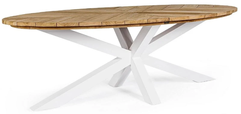 Casa Padrino Luxus Gartentisch Naturfarben / Weiß 240 x 110 x H. 77 cm - Ovaler Esstisch mit Teakholz Tischplatte - Garten & Terrassen Tisch - Luxus Garten & Terrassen Möbel