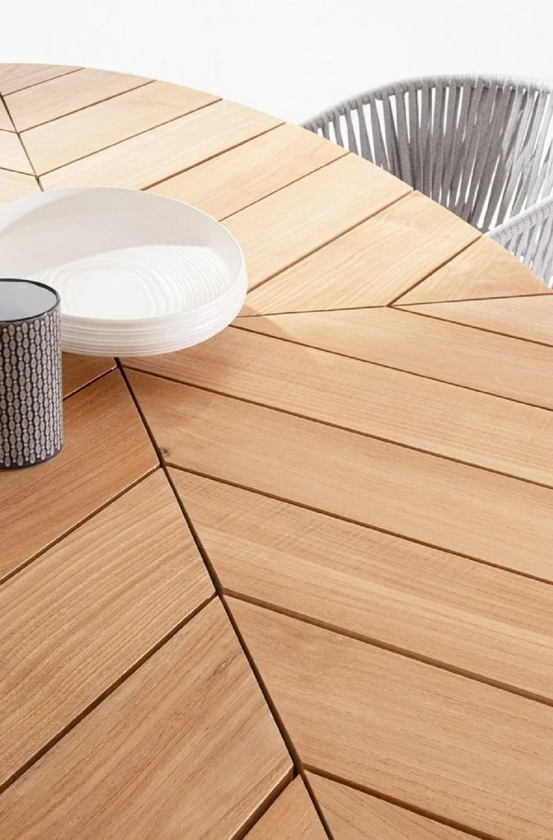 Casa Padrino Luxus Gartentisch Naturfarben / Weiß 240 x 110 x H. 77 cm - Ovaler Esstisch mit Teakholz Tischplatte - Garten & Terrassen Tisch - Luxus Garten & Terrassen Möbel