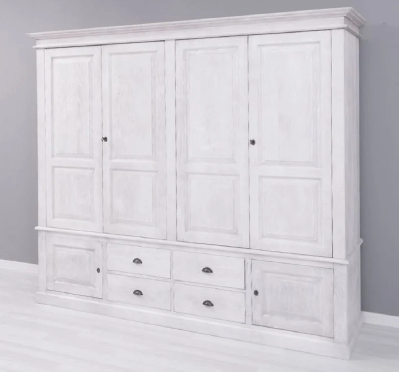 Casa Padrino Landhausstil Schlafzimmerschrank Hellgrau 232 x 59 x H. 197 cm - Massivholz Kleiderschrank mit 6 Türen und 4 Schubladen - Massivholz Schlafzimmer Möbel im Landhausstil
