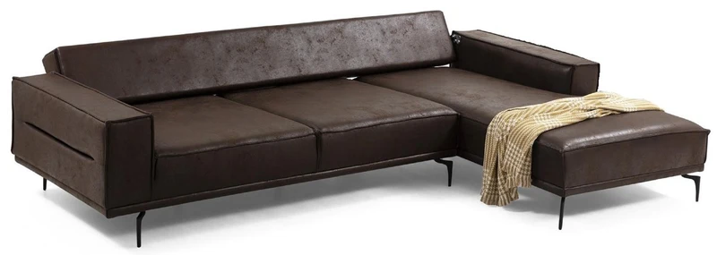 Casa Padrino Luxus Ecksofa Braun / Schwarz 305 x 185 cm - Modernes Wohnzimmer Sofa mit Nubuk Kunstleder - Luxus Schlafsofa - Luxus Wohnzimmer Möbel