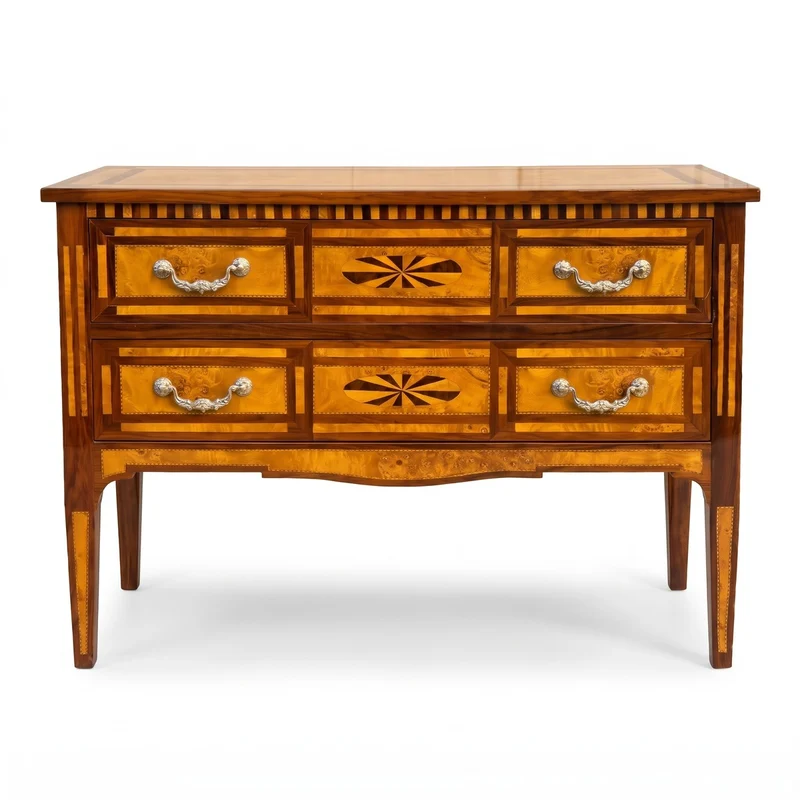 Casa Padrino Biedermeier Kommode mit 2 Schubladen Braun / Naturfarben / Silber - Handgefertigte Massivholz Kommode - Biedermeier Schlafzimmer Möbel