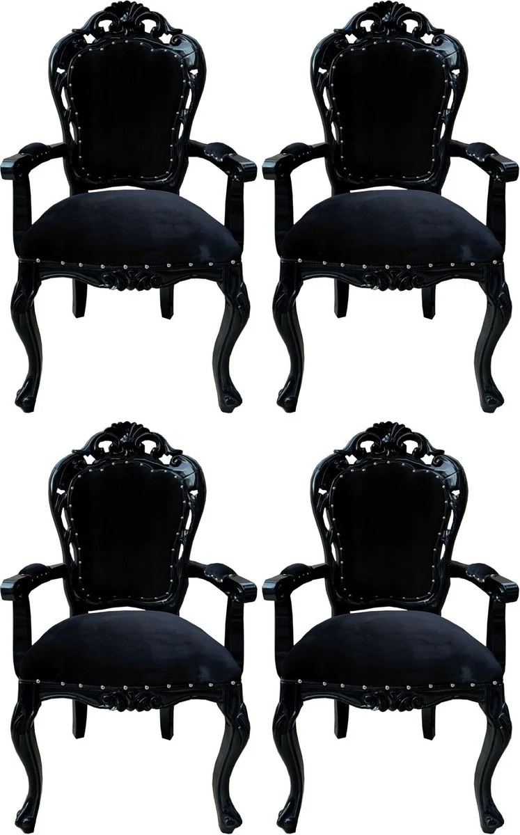 Casa Padrino Barock Esszimmerstuhl 4er Set Schwarz - Handgefertigte Antik Stil Stühle mit Armlehnen - Barock Esszimmer Möbel