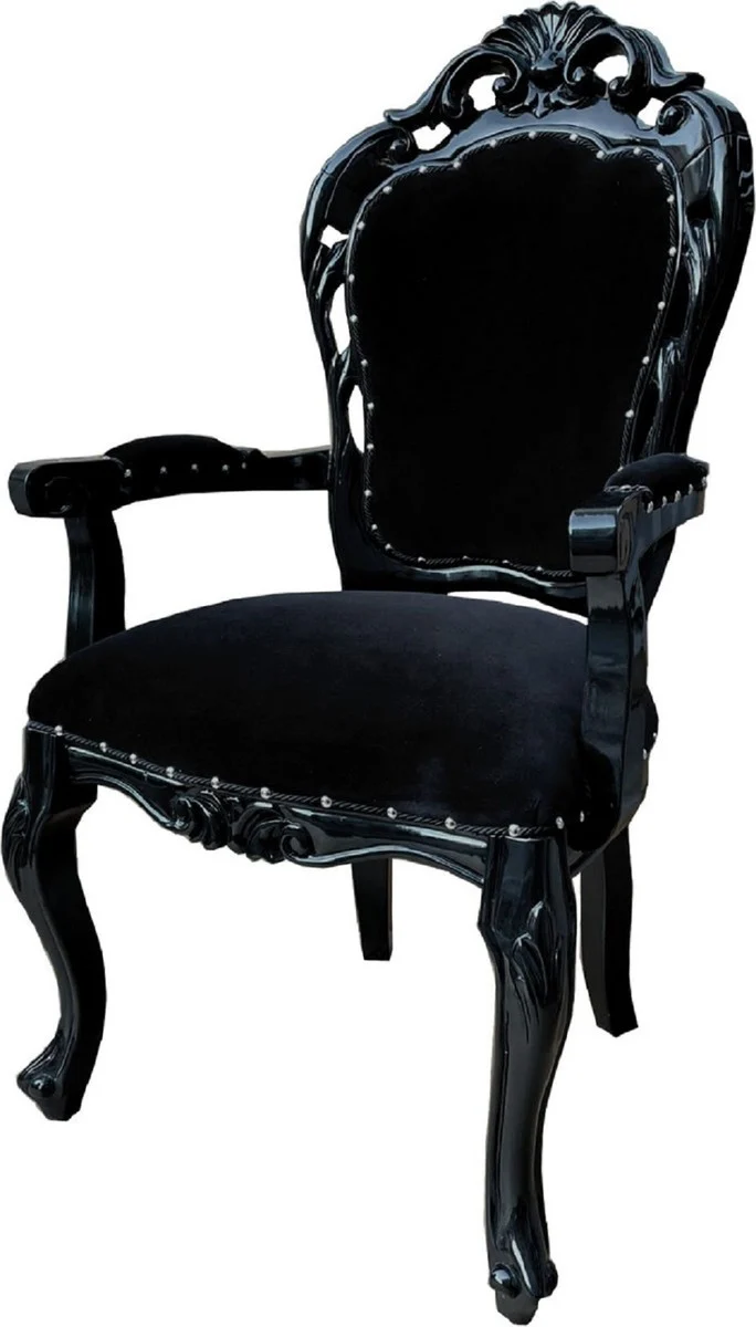 Casa Padrino Barock Esszimmerstuhl 4er Set Schwarz - Handgefertigte Antik Stil Stühle mit Armlehnen - Barock Esszimmer Möbel