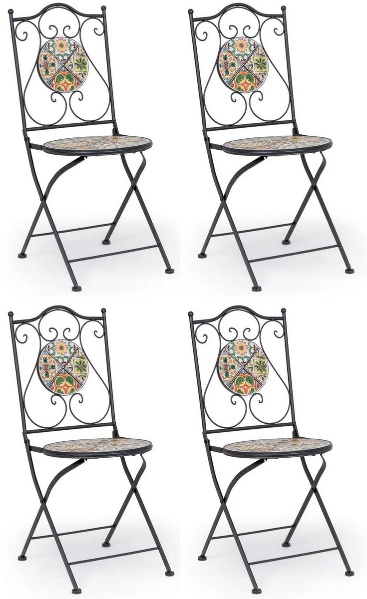 Casa Padrino Jugendstil Gartenstuhl 4er Set Schwarz / Mehrfarbig 39 x 47 x H. 92 cm - Klappbare Stühle mit Keramik Platten - Nostalgische Garten & Gastronomie Möbel