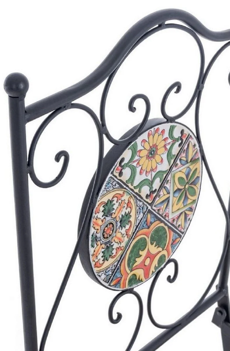 Casa Padrino Jugendstil Gartenstuhl 4er Set Schwarz / Mehrfarbig 39 x 47 x H. 92 cm - Klappbare Stühle mit Keramik Platten - Nostalgische Garten & Gastronomie Möbel
