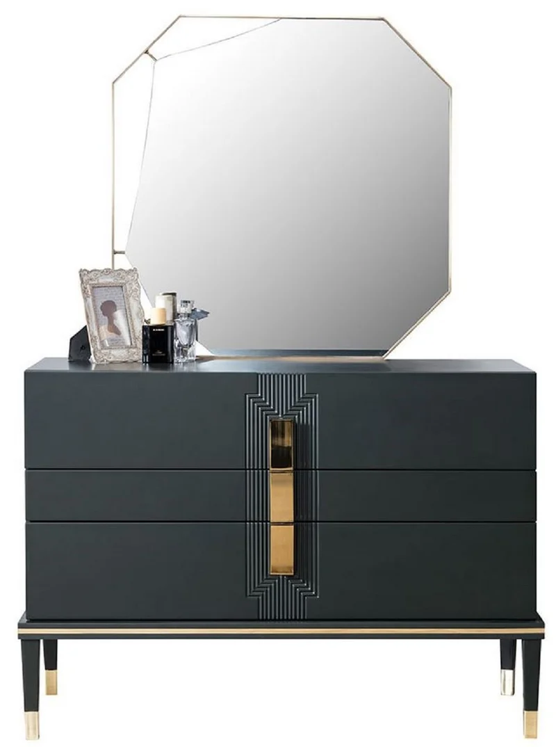 Casa Padrino Luxus Schlafzimmer Kommode mit Wandspiegel Schwarz / Gold - Moderner Massivholz Schrank mit elegantem Spiegel - Luxus Schlafzimmer Möbel