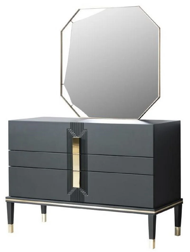 Casa Padrino Luxus Schlafzimmer Kommode mit Wandspiegel Schwarz / Gold - Moderner Massivholz Schrank mit elegantem Spiegel - Luxus Schlafzimmer Möbel