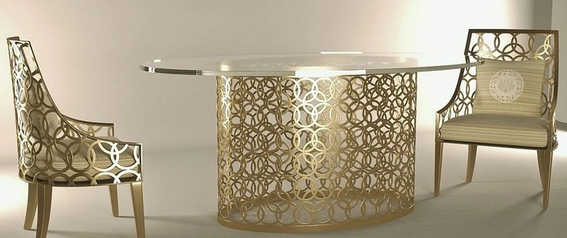 Casa Padrino Luxus Gartenmöbel Set Creme / Gold - 1 ovaler Esstisch mit Glasplatte & 6 Stühle mit Kissen - Handgefertigte Garten Terrassen Hotel Möbel - Luxus Qualität