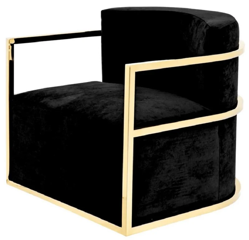 Casa Padrino Luxus Samt Sessel Schwarz / Gold 76 x 76 x H. 70 cm Drehbar - Wohnzimmer Sessel - Hotel Sessel - Wohnzimmer Möbel - Hotel Möbel - Luxus Möbel - Wohnzimmer Einrichtung - Luxus Einrichtung