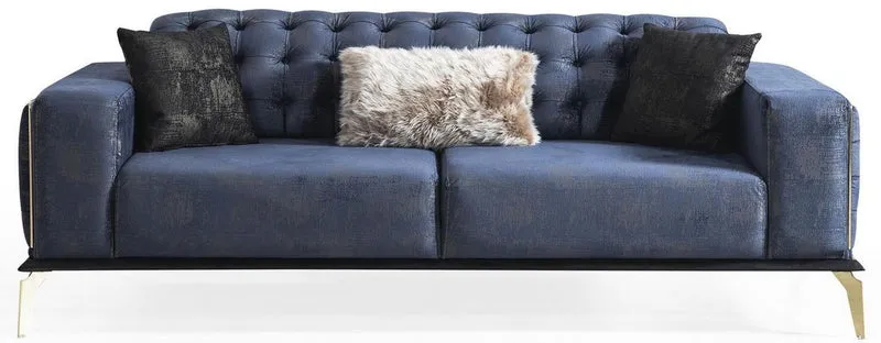 Casa Padrino Luxus Art Deco Chesterfield Wohnzimmer Set Schwarz / Blau / Weiß - 2 Sofas & 2 Drehsessel & 1 Couchtisch - Edle Wohnzimmer Möbel