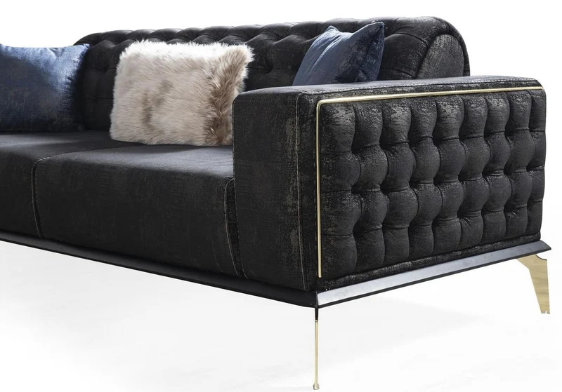 Casa Padrino Luxus Art Deco Chesterfield Sofa Schwarz / Grau / Messingfarben 236 x 99 x H. 86 cm - Edles Wohnzimmer Sofa mit dekorativen Kissen - Luxus Qualität