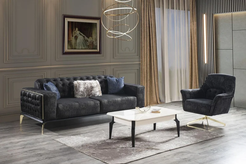 Casa Padrino Luxus Art Deco Chesterfield Sofa Schwarz / Grau / Messingfarben 236 x 99 x H. 86 cm - Edles Wohnzimmer Sofa mit dekorativen Kissen - Luxus Qualität