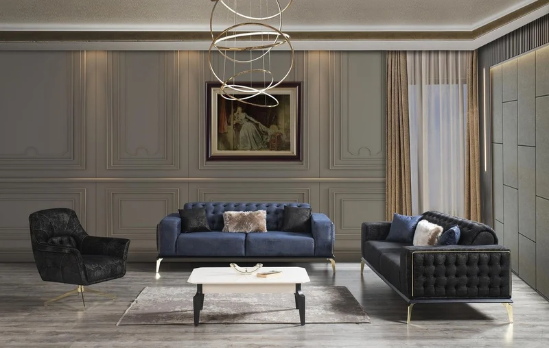 Casa Padrino Luxus Art Deco Chesterfield Sofa Schwarz / Grau / Messingfarben 236 x 99 x H. 86 cm - Edles Wohnzimmer Sofa mit dekorativen Kissen - Luxus Qualität