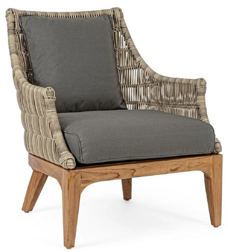 Casa Padrino Luxus Gartensessel mit Kissen Grau / Naturfarben / Braun 69 x 73 x H. 80,5 cm - Wetterbeständiger Garten & Terrassen Sessel - Garten & Terrassen Möbel - Luxus Qualität