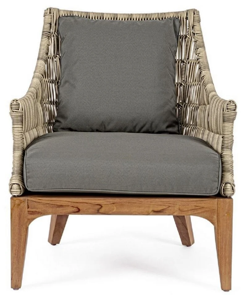 Casa Padrino Luxus Gartensessel mit Kissen Grau / Naturfarben / Braun 69 x 73 x H. 80,5 cm - Wetterbeständiger Garten & Terrassen Sessel - Garten & Terrassen Möbel - Luxus Qualität