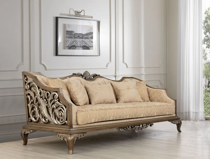 Casa Padrino Luxus Barock Sofa Beige / Gold / Braun / Silber - Wohnzimmer Sofa im Barockstil - Barock Wohnzimmer Möbel - Edel & Prunkvoll