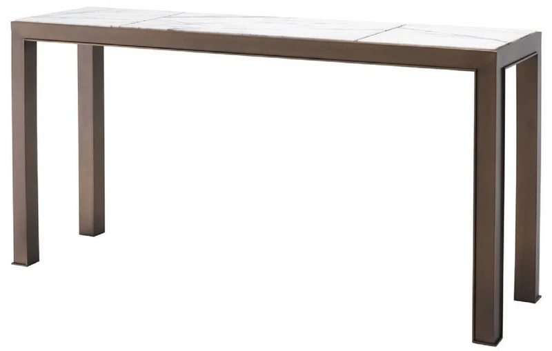 Casa Padrino Luxus Konsole Antik Messingfarben / Weiß / Lila 150 x 40 x H. 76,5 cm - Edelstahl Konsolentisch mit Marmorplatten - Luxus Wohnzimmer Möbel