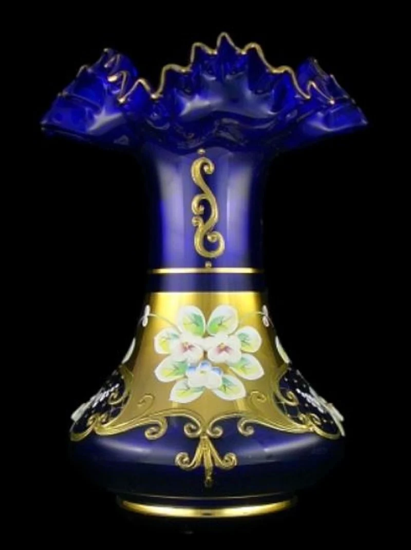 Casa Padrino Luxus Barock Glas Vase Blau / Mehrfarbig / Gold H. 20 cm - Handgefertigte & handbemalte Blumenvase - Barock Deko - Edel & Prunkvoll