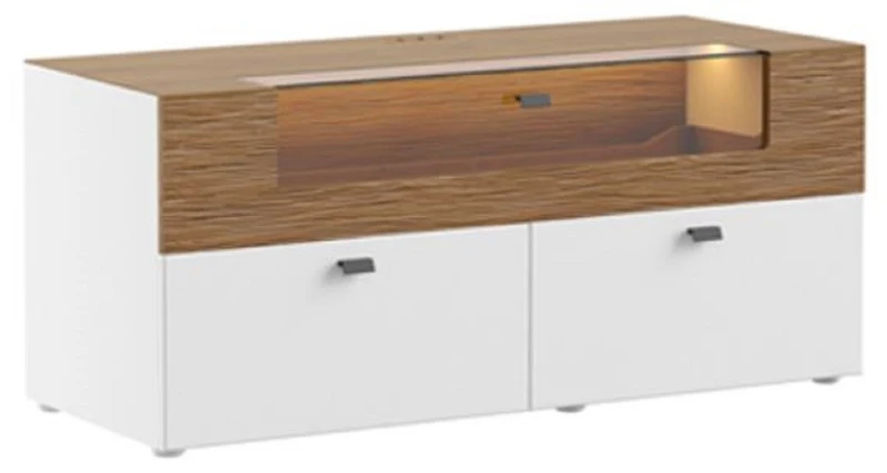 Casa Padrino TV Schrank Braun / Weiß 125 x 48 x H. 55 cm - Beleuchteter Massivholz Fernsehschrank mit Schubladen - Moderne Wohnzimmer Möbel