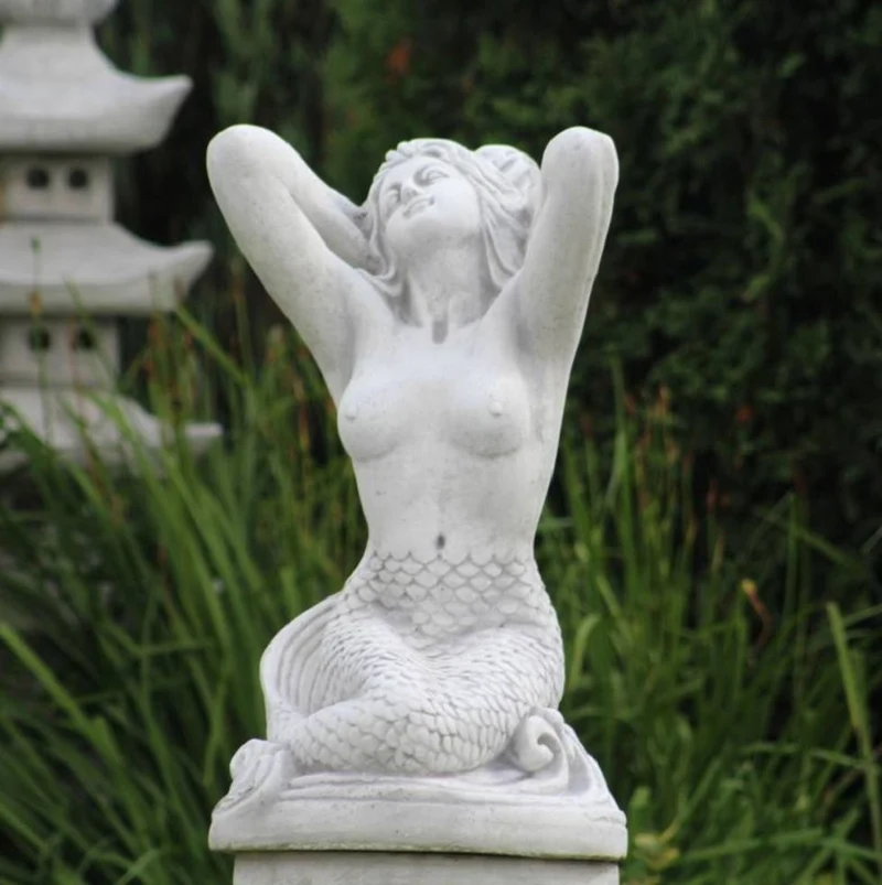 Casa Padrino Jugendstil Garten Deko Skulptur Meerjungfrau Grau 35 x 32 x H. 57 cm - Elegante Garten Deko Stein Figur - Barock & Jugendstil Garten Deko Accessoires