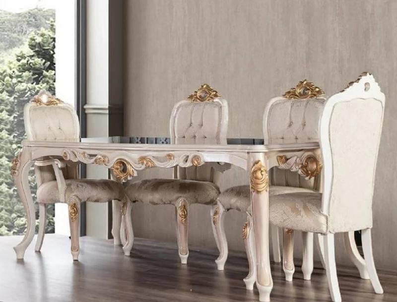 Casa Padrino Luxus Barock Esszimmer Set Grau / Weiß / Beige / Gold - 1 Barock Esstisch & 6 Barock Esszimmerstühle mit elegantem Muster - Esszimmer Möbel im Barockstil - Edel & Prunkvoll