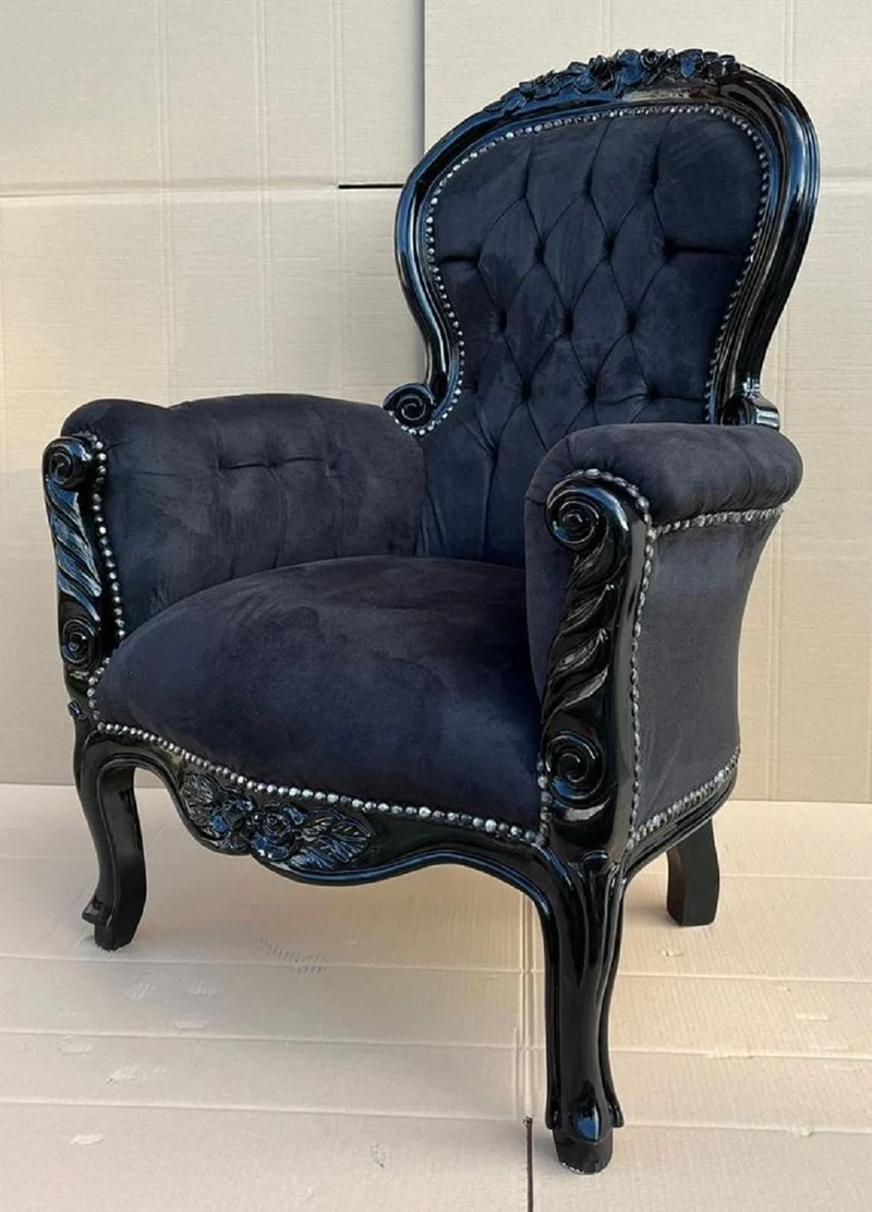Casa Padrino Barock Samt Sessel Schwarz - Prunkvoller Massivholz Wohnzimmer Sessel - Antik Stil Wohnzimmer Sessel - Barock Wohnzimmer Möbel