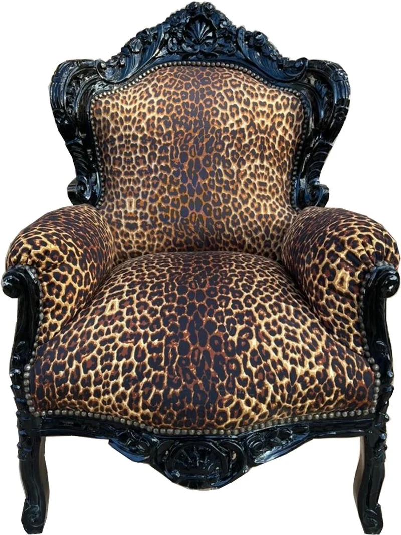 Casa Padrino Barock Sessel Leopard / Schwarz - Prunkvoller Massivholz Wohnzimmer Sessel - Antik Stil Wohnzimmer Sessel - Barock Wohnzimmer Möbel