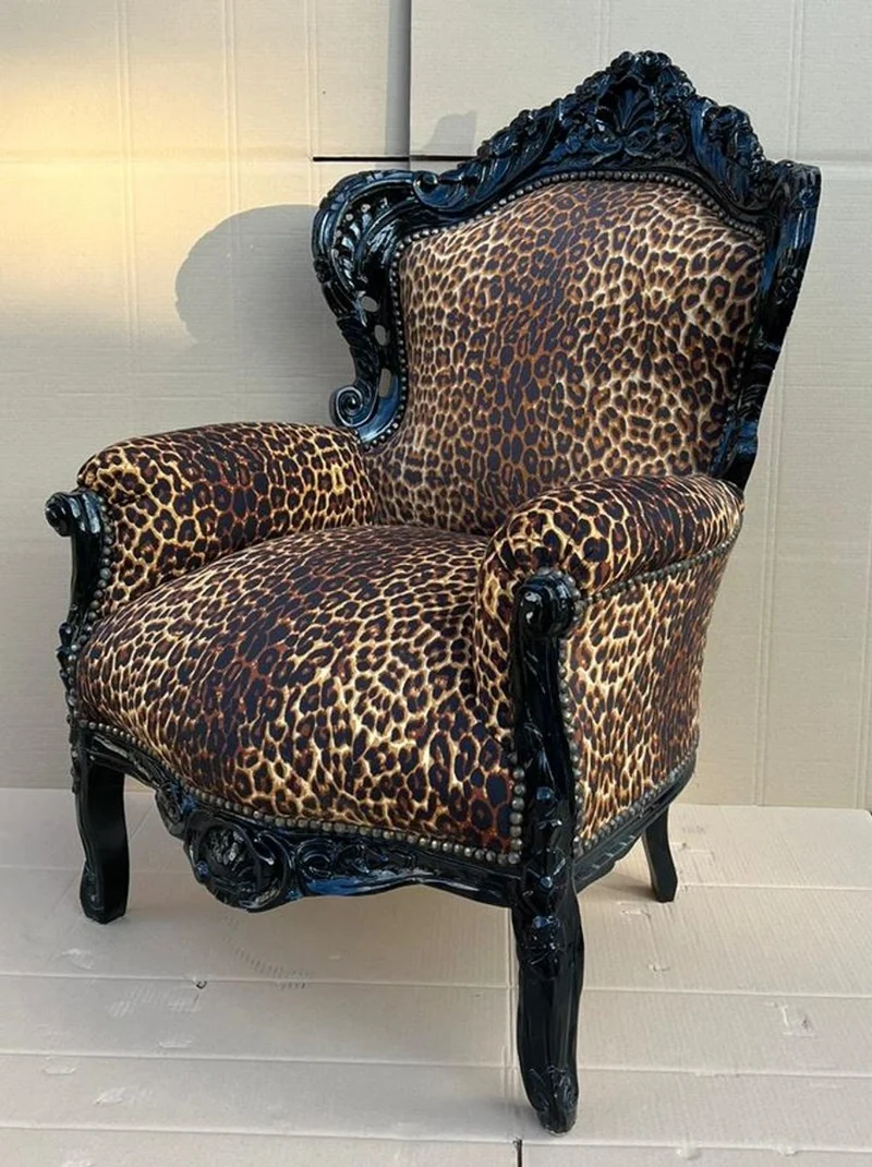 Casa Padrino Barock Sessel Leopard / Schwarz - Prunkvoller Massivholz Wohnzimmer Sessel - Antik Stil Wohnzimmer Sessel - Barock Wohnzimmer Möbel