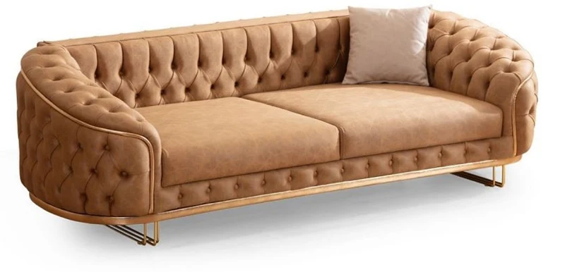 Casa Padrino Luxus Chesterfield Wohnzimmer Set Vintage Braun / Messing - 2 Luxus Chesterfield Sofas & 2 Luxus Chesterfield Sessel - Wohnzimmer Möbel - Luxus Möbel - Chesterfield Möbel